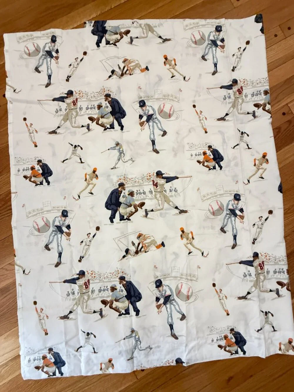 Pottery Barn Kids Vintage Baseball Player Twin Flat Bed Sheet Navy & Orange NWOT